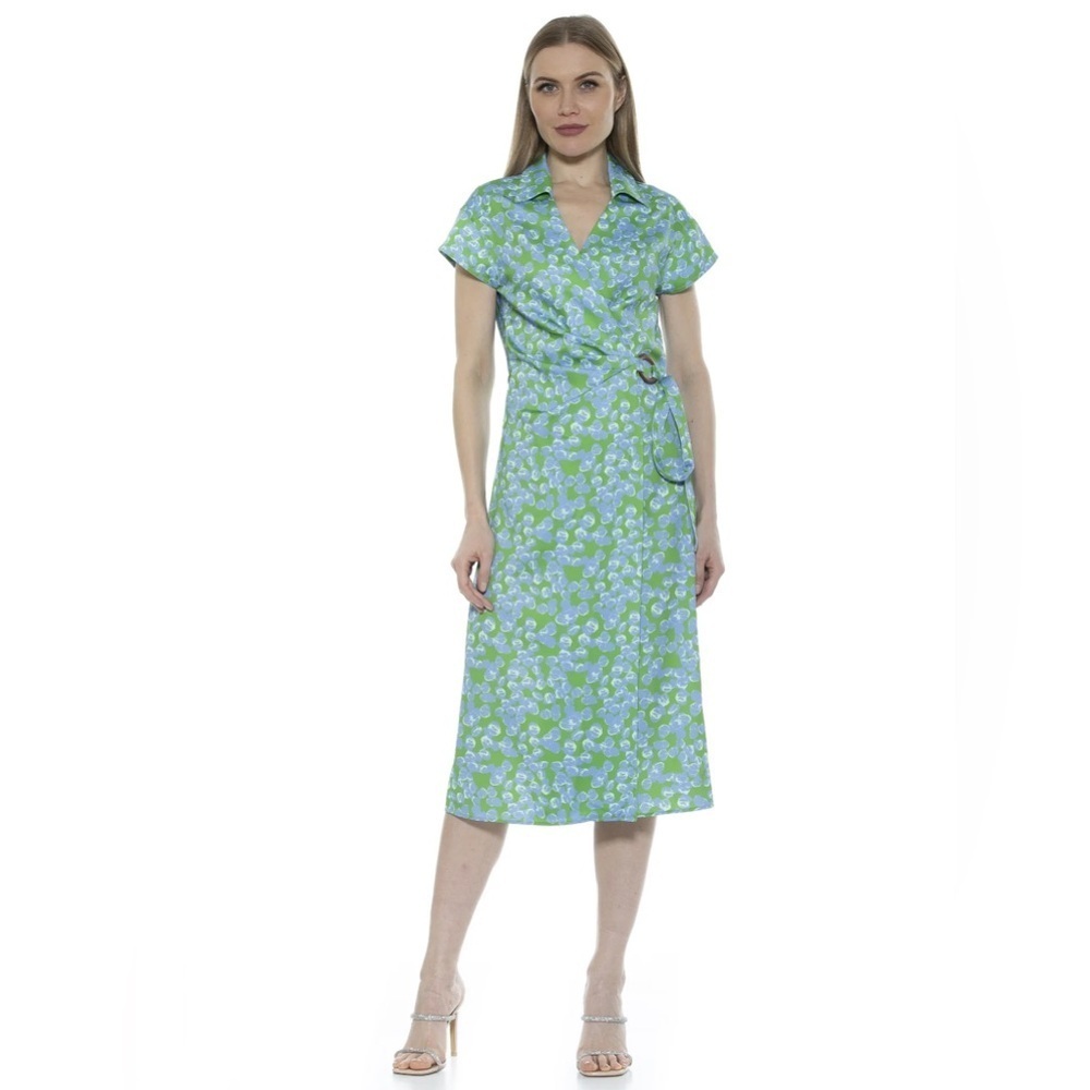 Alexia Admor Paris Surplice Waist Tie Wrap Collared Midi Dress Sz 6 Printed
